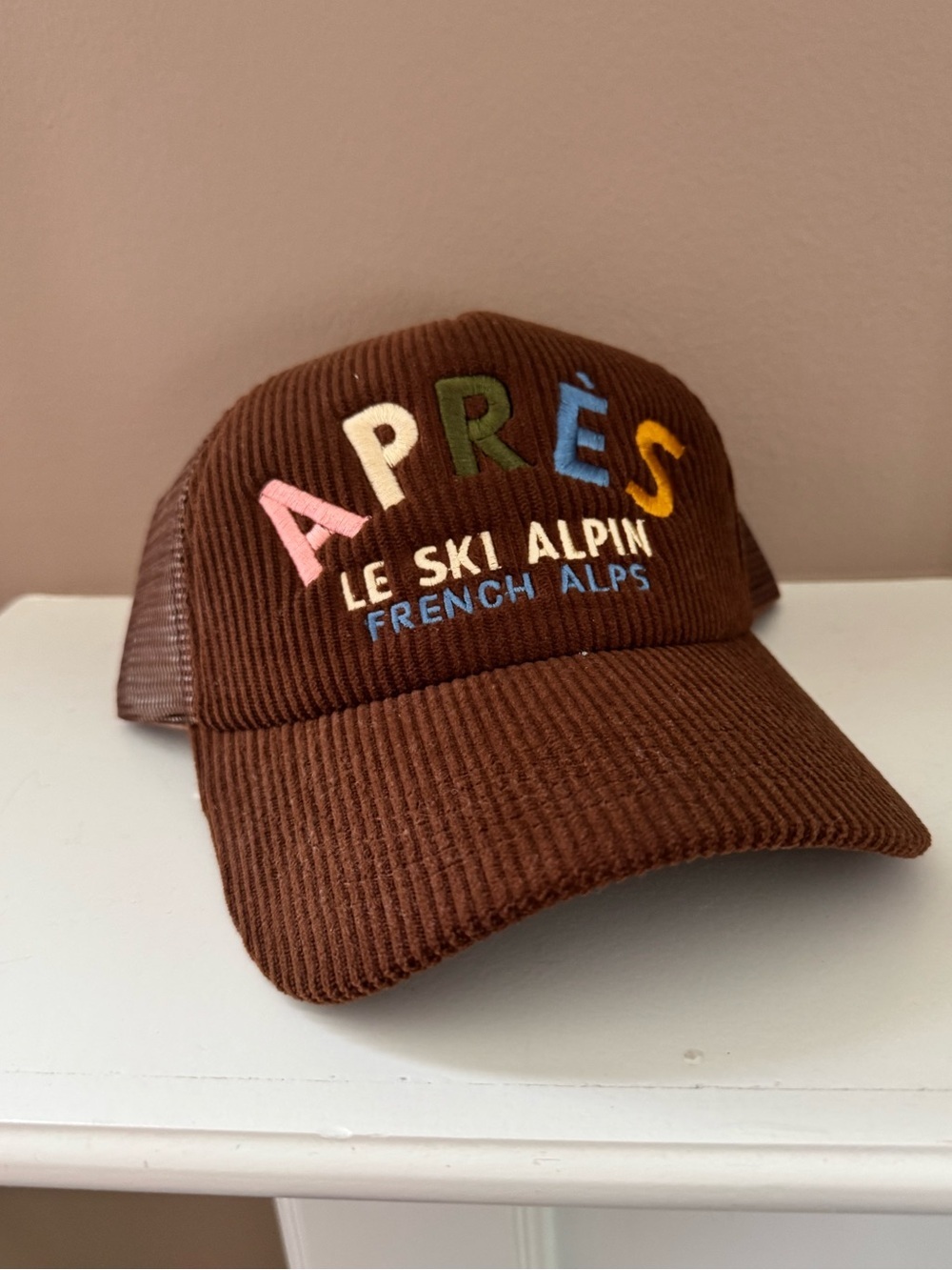 Anthropologie APRÈS Embroidered Corduroy Trucker Hat Brown